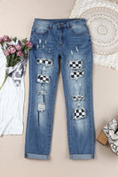Mid Waist Checkered Patchwork Distressed Jeans-WickyDeez | Trendsi-WickyDeez