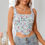 Y2K Square Collar Cropped Navel Outer Sling Floral Tank Top-WickyDeez | Eprolo-WickyDeez