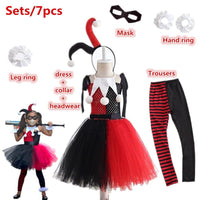 Kids Harley Quinn Jester Costume | Girls Children's Black Red & White Harley Jester Clown Cosplay Costume Dress - WickyDeez