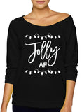 Jolly AF Slouchy Christmas Long Sleeve Off Shoulder Sweatshirt (Available in Red/Black)-Women's Tops-WickyDeez