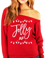 Jolly AF Slouchy Christmas Long Sleeve Off Shoulder Sweatshirt (Available in Red/Black)-Women's Tops-WickyDeez