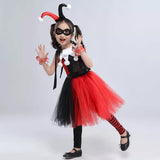 Kids Harley Quinn Jester Costume | Girls Children's Black Red & White Harley Jester Clown Cosplay Costume Dress - WickyDeez