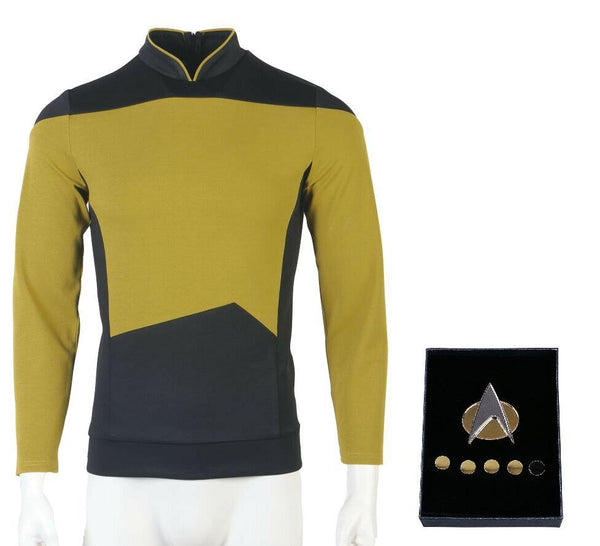 Star Trek TNG Cosplay Costume Gold Shirt Starfleet Operations Uniforms + Badge Set - WickyDeez