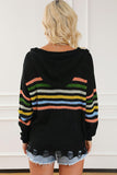 Trendy Stripe Zip Up Drawstring Hooded Knit Top Sweater