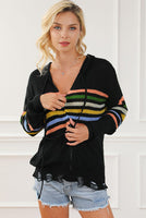 Trendy Stripe Zip Up Drawstring Hooded Knit Top Sweater