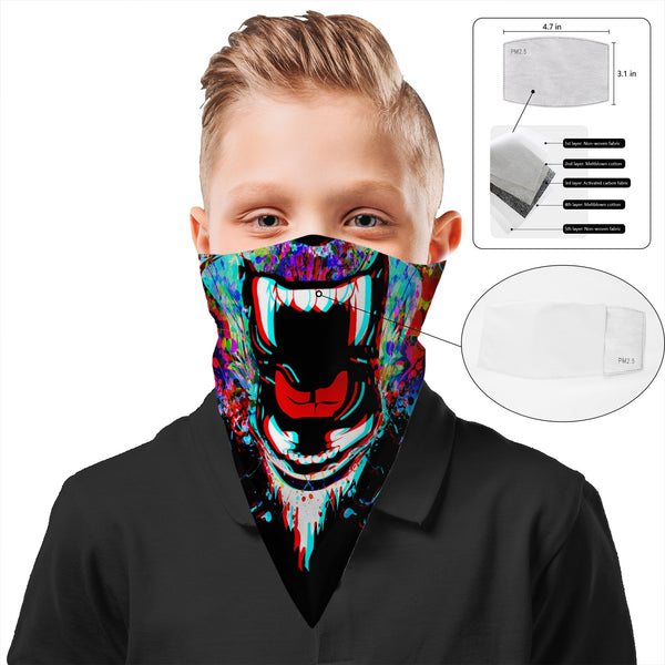 Children's Roaring Bear Bandana Face Mask Scarf Cover | 2x - 50x Disposable Five Layer Filter Pads Available - WickyDeez