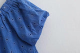 Bluish Embroiedry Mini Dress with Elastic Straight Neckline-Women's Dresses-WickyDeez